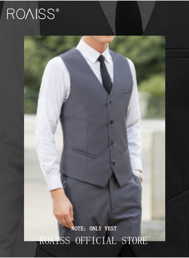 roaiss - Men Single Breasted Formal Vests V Neck Sleeveless Slim Waistcoat for Male with Pockets and Back Drawstring for Business or Casual - Image 1