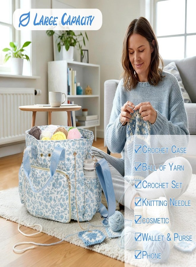 حقيبة حياكة كروشيه كبيرة الحجم من SilTriangle، مزينة بنقوش زهور زرقاء، مع حامل لخيوط الكروشيه، هدية مثالية لمحبي الكروشيه، تتضمن إبرة بسحاب، مقاس متوسط. - Image 4
