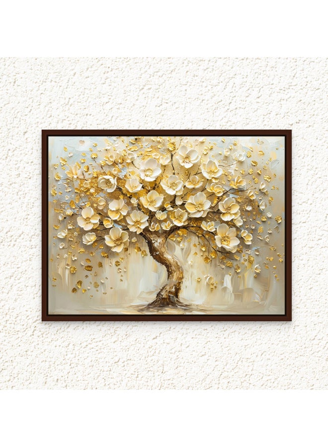 Art Decor Art Decor Framed Canvas Wall Art of Golden Tree Painting with White Flowers Nature Landscape Neutral Color Print Wall Decor for Home Office Living Room Bedroom Gifting - Image 1