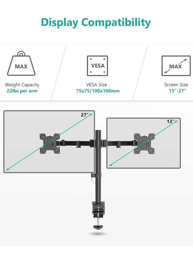 Dreamstar 13-27" Dual Monitor Stand Mount, Heavy-Duty Fully Adjustable Desk Clamp Arms for Computer Screens, Loads up to 17.6lbs per arm w/Swivel and Tilt, 75/100mm VESA, Black - Image 4