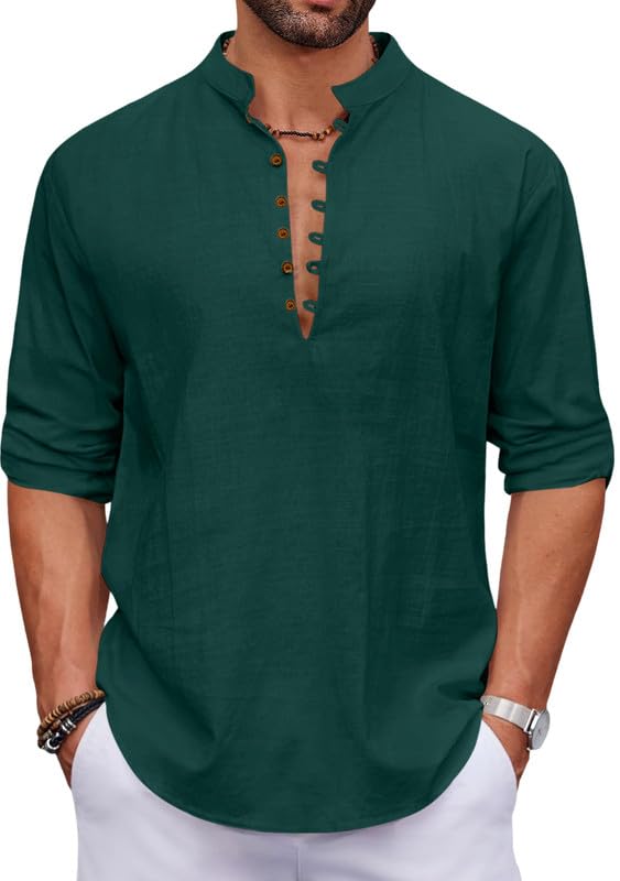 Macsivo Men's Stylish Mandarin Collar Kurta | Casual Ethnic Fusion Shirt for Daily, Party & Travel | Full Sleeves | Cotton Blend Comfort Fit Short Kurta Green - Image 1