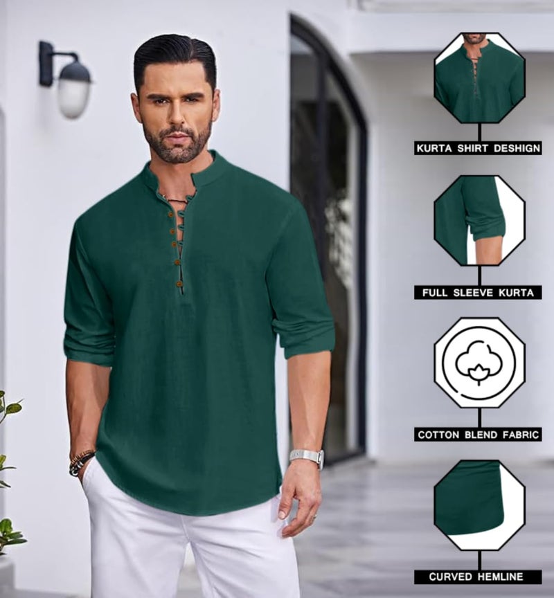 Macsivo Men's Stylish Mandarin Collar Kurta | Casual Ethnic Fusion Shirt for Daily, Party & Travel | Full Sleeves | Cotton Blend Comfort Fit Short Kurta Green - Image 3