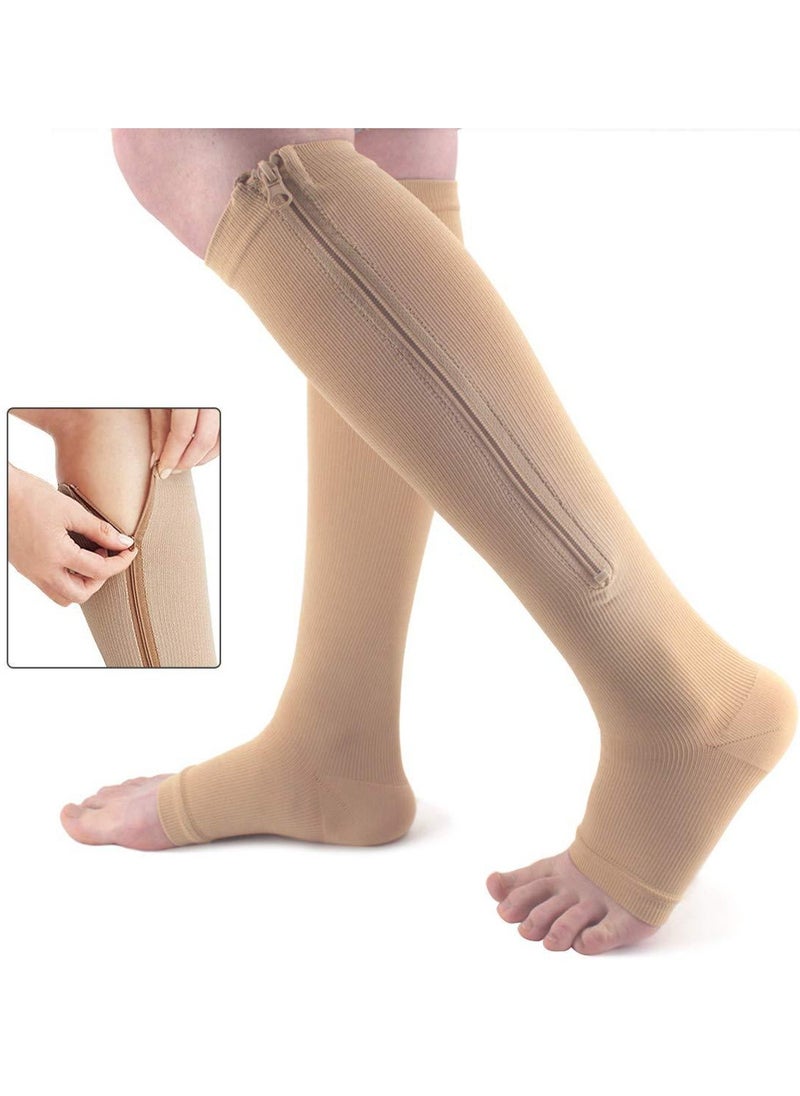 Generic 1 Pair of Sports Compression Socks Compression Zipper Socks Long Calf Elastic Stockings (Beige)  - Image 1