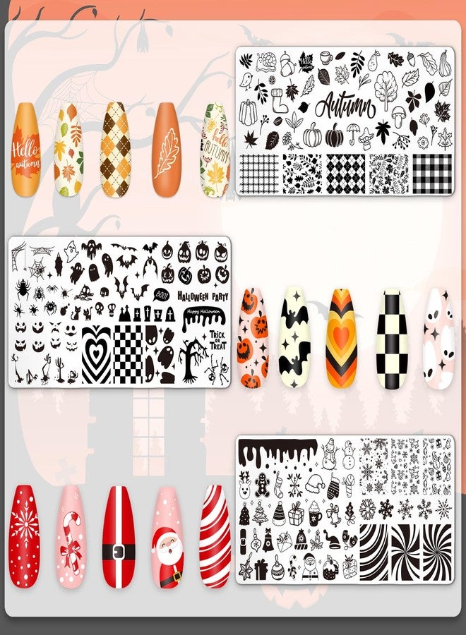Whaline 6Pcs All Holiday Nail Plates Stamping Set Fall Halloween Winter Christmas Stamp Templates Nail Art Plates for DIY Print Manicure Salon Design Gift - Image 3