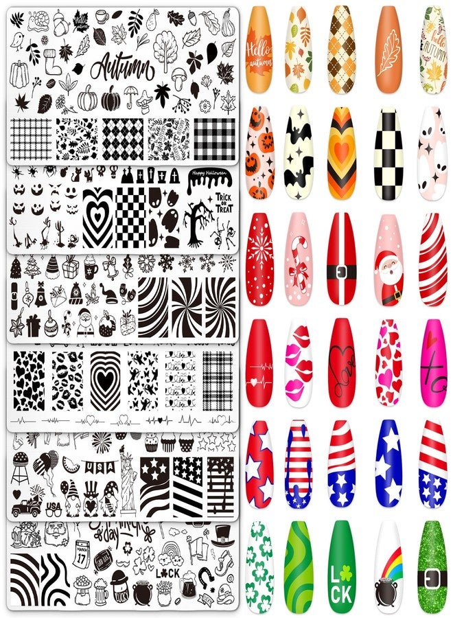 Whaline 6Pcs All Holiday Nail Plates Stamping Set Fall Halloween Winter Christmas Stamp Templates Nail Art Plates for DIY Print Manicure Salon Design Gift - Image 1