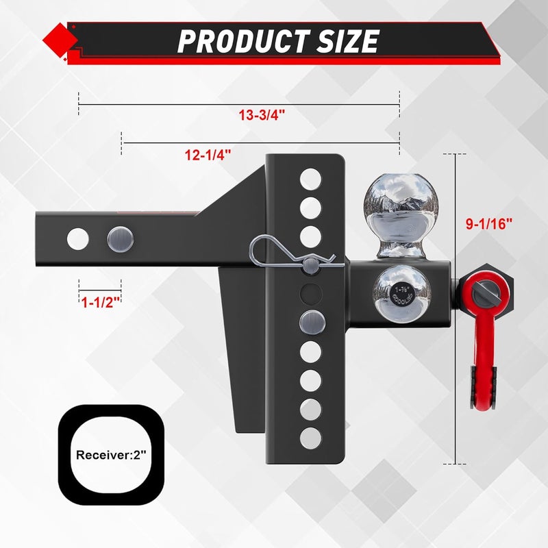 TYT Adjustable Tri-Ball Trailer Hitch for 2 inch Receiver, 4.5" Drop/Rise, Triple Balls (1-7/8", 2", 2-5/16") with Shackle, 10,000 lbs GTW, 1,000 lbs TW,Pin Lock & Hitch Tightener - Image 2