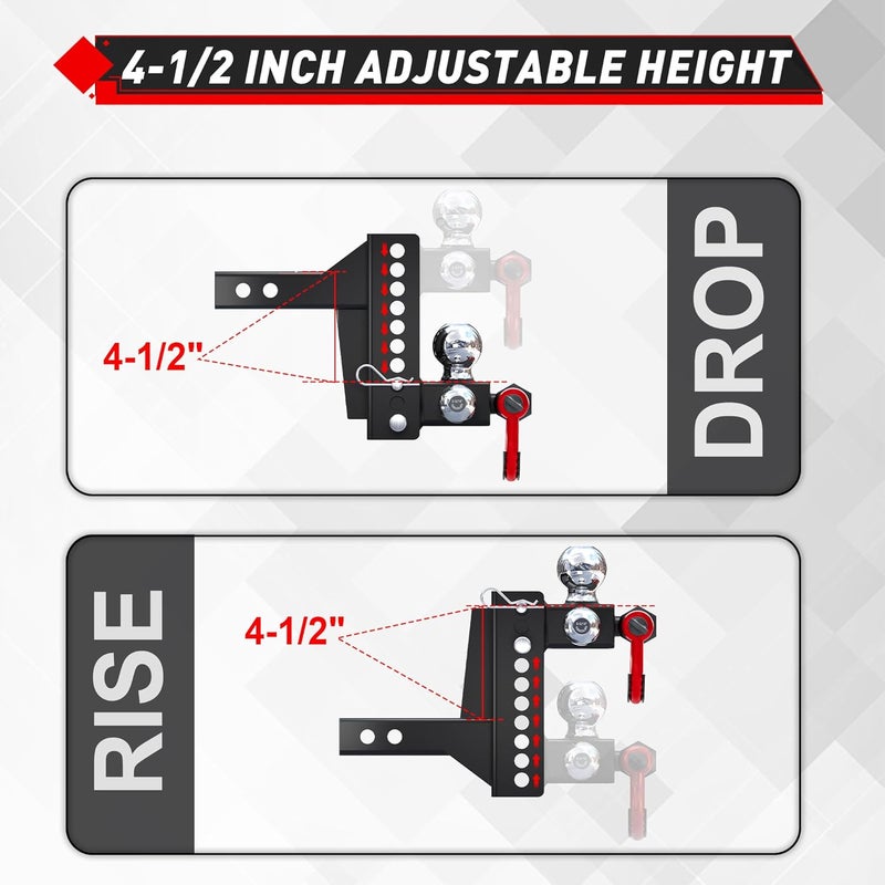 TYT Adjustable Tri-Ball Trailer Hitch for 2 inch Receiver, 4.5" Drop/Rise, Triple Balls (1-7/8", 2", 2-5/16") with Shackle, 10,000 lbs GTW, 1,000 lbs TW,Pin Lock & Hitch Tightener - Image 5