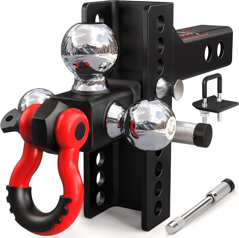 TYT Adjustable Tri-Ball Trailer Hitch for 2 inch Receiver, 4.5" Drop/Rise, Triple Balls (1-7/8", 2", 2-5/16") with Shackle, 10,000 lbs GTW, 1,000 lbs TW,Pin Lock & Hitch Tightener - Image 1