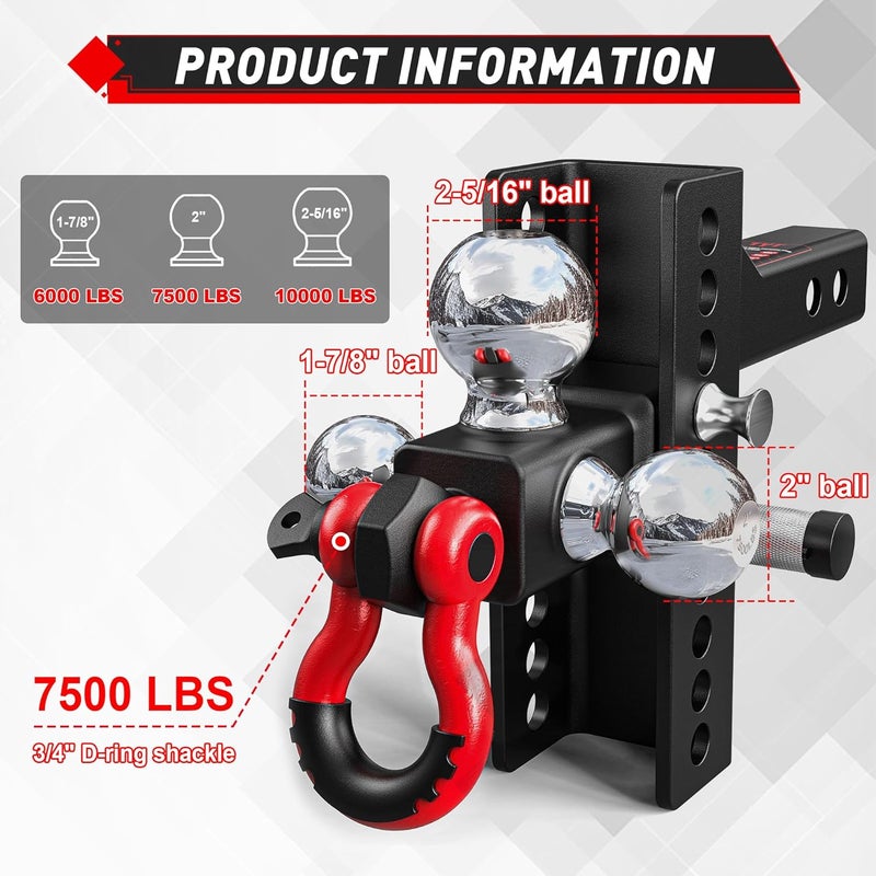 TYT Adjustable Tri-Ball Trailer Hitch for 2 inch Receiver, 4.5" Drop/Rise, Triple Balls (1-7/8", 2", 2-5/16") with Shackle, 10,000 lbs GTW, 1,000 lbs TW,Pin Lock & Hitch Tightener - Image 3
