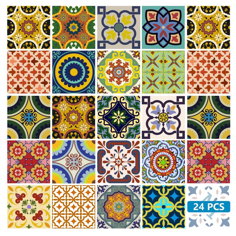Mi Alma Backsplash Tile Stickers 24 PC Set Traditional Talavera Tiles Stickers Bathroom  Kitchen Tile Decals Easy to Apply Just Peel and Stick Home Decor 4x4 Inch Backslash Peel and Stick C 