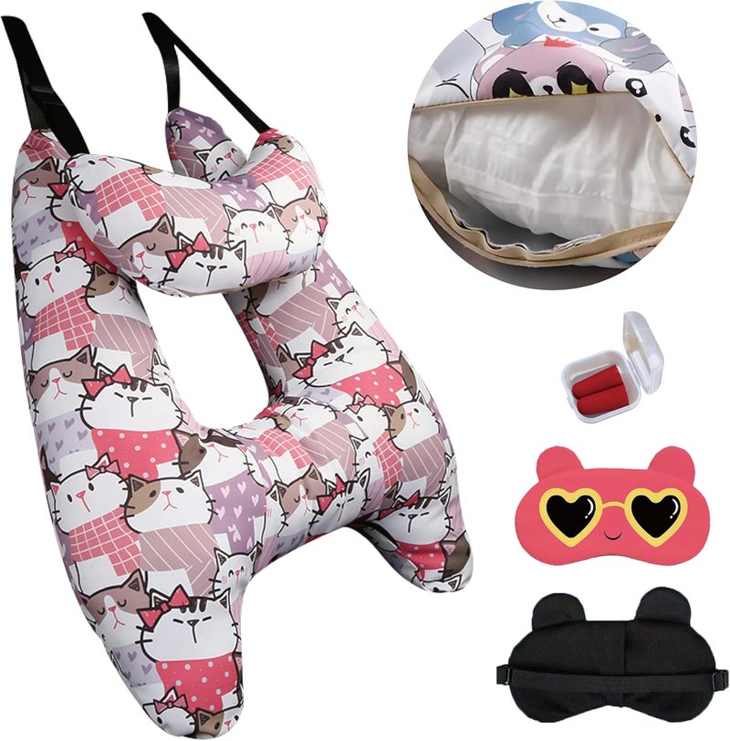 Tumahe Cute Cartoon Travel Pillow Suit, Kids & Adults Car Neck Head Support Cushion set,Travel car seat safety pillow,h shape car sleeping pillow kids,Pillow case can be disassembled and washed (B) - Image 1