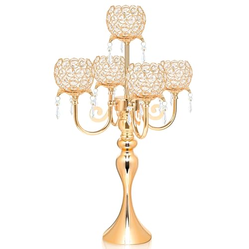 Kehail 5 Arm Gold Candle Holder 22.5 Inch Tall Crystal with Pendant, Romantic Home Decor Elegant Candlestick Holder for Dates Wedding Receptions Holiday Party Important Events - Image 1