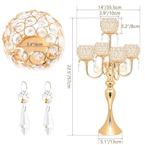 Kehail 5 Arm Gold Candle Holder 22.5 Inch Tall Crystal with Pendant, Romantic Home Decor Elegant Candlestick Holder for Dates Wedding Receptions Holiday Party Important Events - Image 2