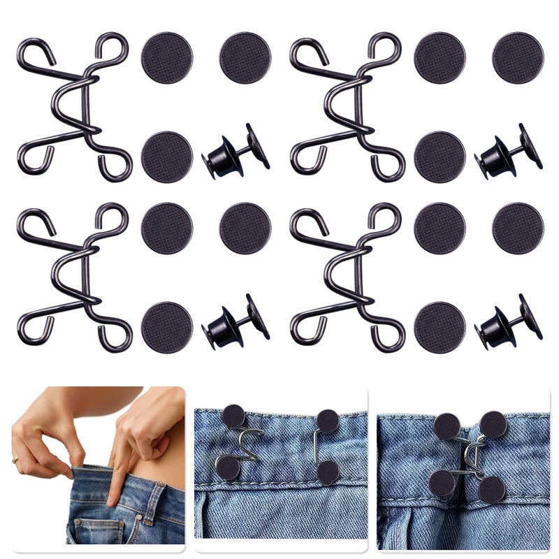 Urmspst 4 Set Pant Waist Tightener, Adjustable Waist Buckle Set, Extra Button for Jeans to Make Tighter, Button Adjuster for Pants, Jeans, Skirts, Sleeves, (Black) - Image 1