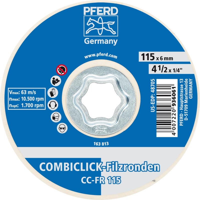 PFERD COMBICLICK Felt Disc, 5 pc. | 4-1/2 inch dia. | 48705 - for pre-polishing and high-gloss polishing with an angle grinder, works with polishing paste bars - Image 3