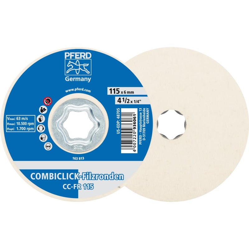 PFERD COMBICLICK Felt Disc, 5 pc. | 4-1/2 inch dia. | 48705 - for pre-polishing and high-gloss polishing with an angle grinder, works with polishing paste bars - Image 1