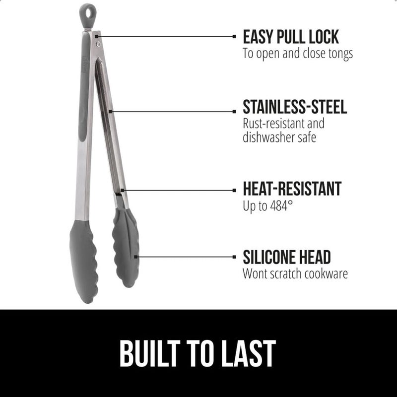 GORILLA GRIP Stainless Steel Heat Resistant Kitchen Tongs for Cooking, 9 + 12 Inch, Set of 2 BBQ Tong, Non Scratch Silicone Tip for Pan, Strong Grip, Grab Food, Toss Salad, Air Fryer, Pull Lock, Gray - Image 2