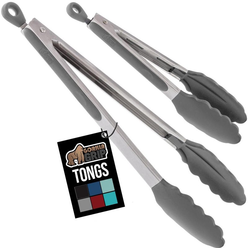 GORILLA GRIP Stainless Steel Heat Resistant Kitchen Tongs for Cooking, 9 + 12 Inch, Set of 2 BBQ Tong, Non Scratch Silicone Tip for Pan, Strong Grip, Grab Food, Toss Salad, Air Fryer, Pull Lock, Gray - Image 1