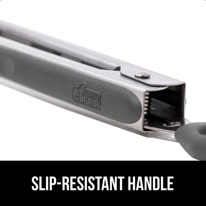 GORILLA GRIP Stainless Steel Heat Resistant Kitchen Tongs for Cooking, 9 + 12 Inch, Set of 2 BBQ Tong, Non Scratch Silicone Tip for Pan, Strong Grip, Grab Food, Toss Salad, Air Fryer, Pull Lock, Gray - Image 4
