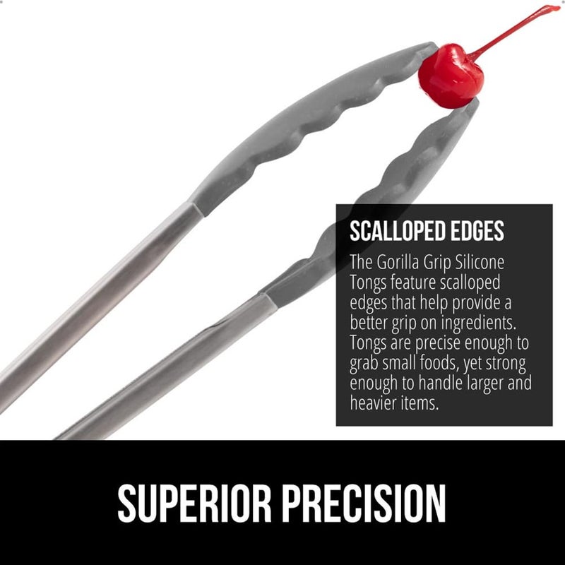 GORILLA GRIP Stainless Steel Heat Resistant Kitchen Tongs for Cooking, 9 + 12 Inch, Set of 2 BBQ Tong, Non Scratch Silicone Tip for Pan, Strong Grip, Grab Food, Toss Salad, Air Fryer, Pull Lock, Gray - Image 3