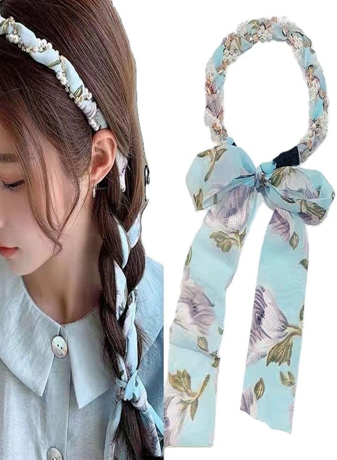 Alexvyan Blue Ribbon Hair Braid Pearl Floral Prints for Women Hair Band Headbands for Women Girls Long Ribbon Satin Fabric Hairband for Girls Fashion Party Prom Head Band Decorative Headband - Image 3