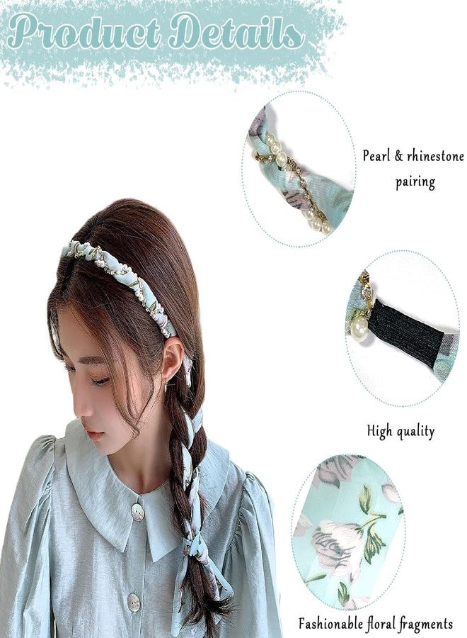 Alexvyan Blue Ribbon Hair Braid Pearl Floral Prints for Women Hair Band Headbands for Women Girls Long Ribbon Satin Fabric Hairband for Girls Fashion Party Prom Head Band Decorative Headband - Image 2