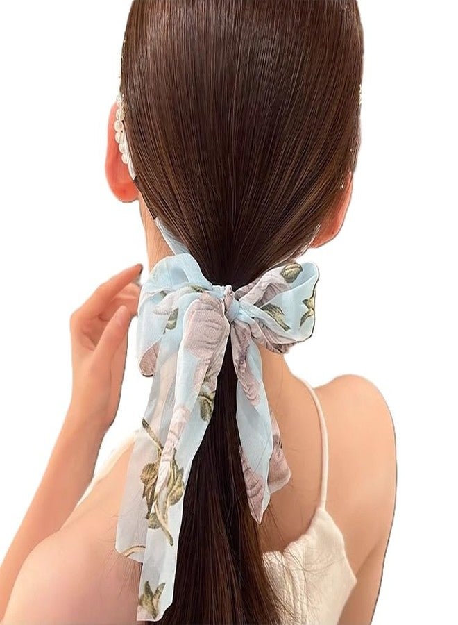 Alexvyan Blue Ribbon Hair Braid Pearl Floral Prints for Women Hair Band Headbands for Women Girls Long Ribbon Satin Fabric Hairband for Girls Fashion Party Prom Head Band Decorative Headband - Image 4