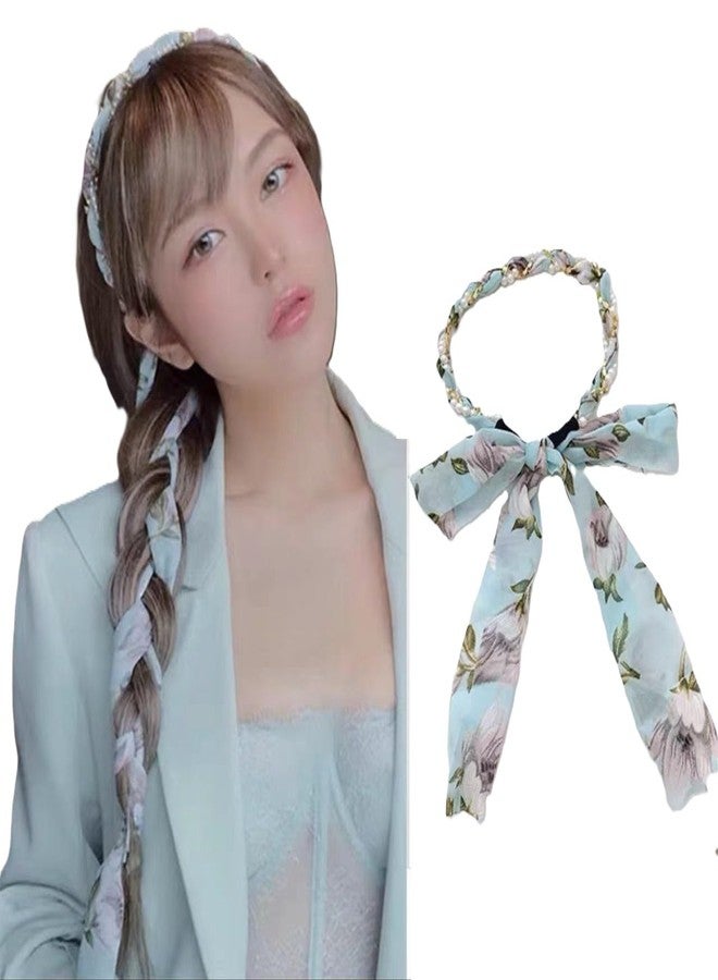 Alexvyan Blue Ribbon Hair Braid Pearl Floral Prints for Women Hair Band Headbands for Women Girls Long Ribbon Satin Fabric Hairband for Girls Fashion Party Prom Head Band Decorative Headband - Image 1