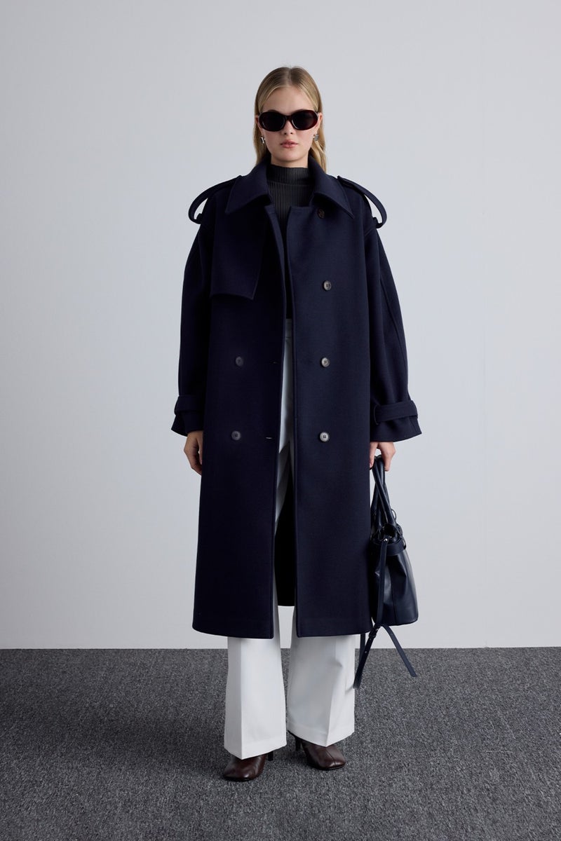 Manuka Epaulette Detailed Cashmere Coat Navy Blue  - Image 1