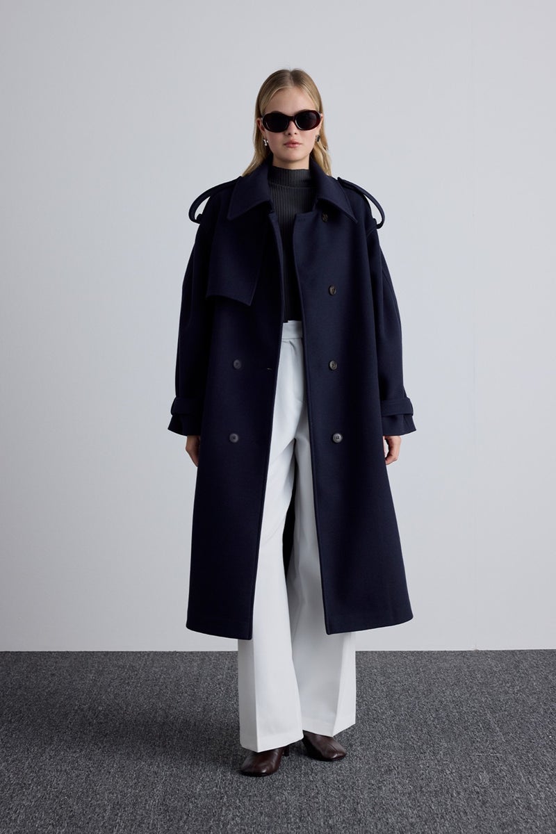 Manuka Epaulette Detailed Cashmere Coat Navy Blue  - Image 3