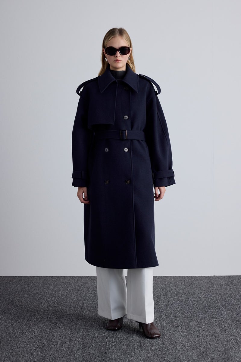 Manuka Epaulette Detailed Cashmere Coat Navy Blue  - Image 4