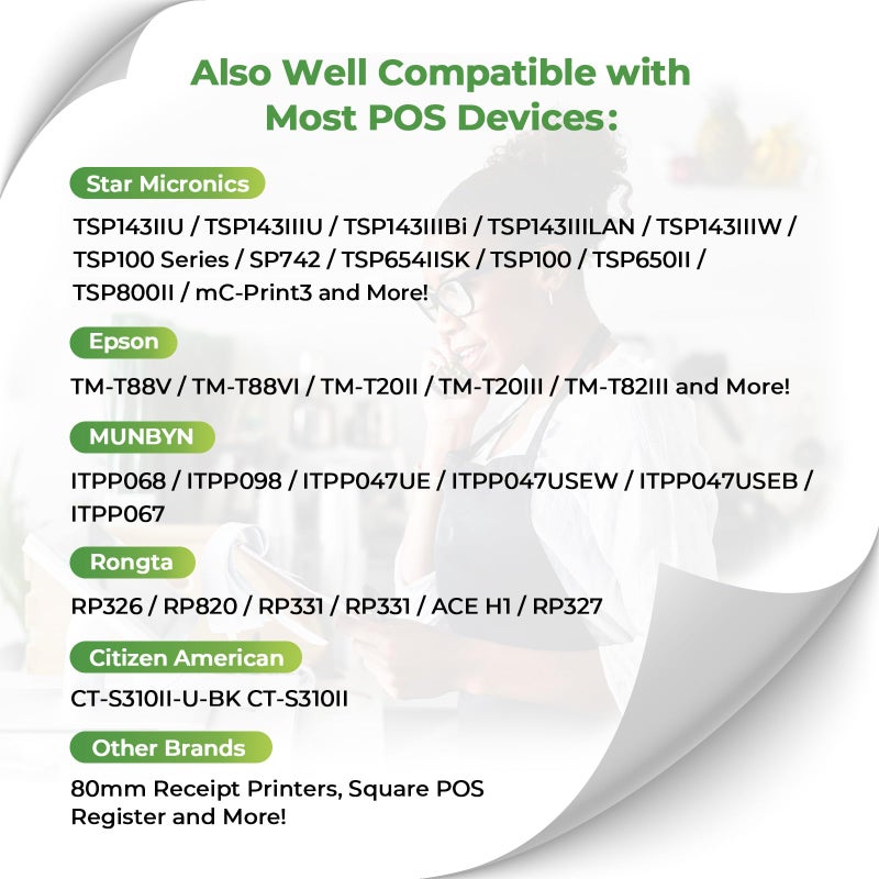 MUNBYN Thermal Paper 3 1/8 x 230ft, 10 Rolls Receipt Paper Work for Star Micronics TSP100 TSP143 Epson 80mm Receipt Printer Square POS Register, 80mm Thermal Receipt Papers, BPA Free, Plus Version - Image 3