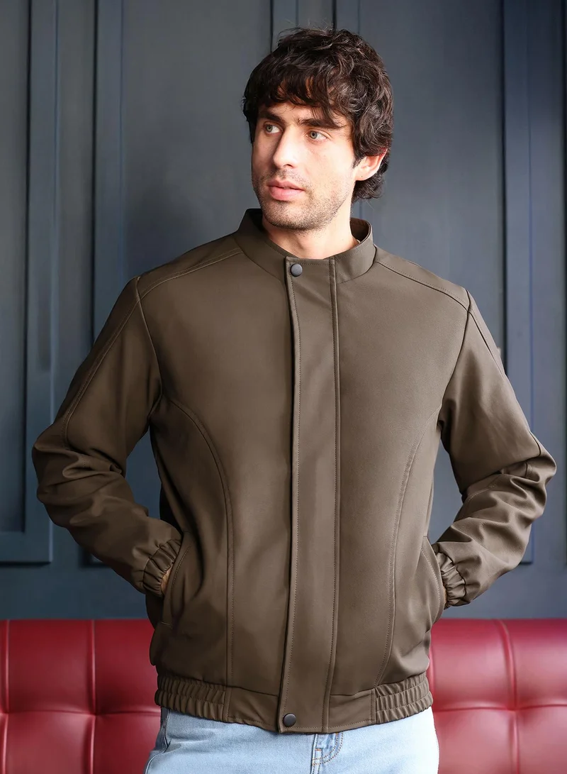 Campus Sutra Men Coated Panel-Stitch Rider Jacket | Band Collar, Long Stretch-Cuff Sleeves | Zipper , Stretch-Straight Hem | Solid Coated | Woven Fabric For Casual & Daily Wear | Mocha Brown