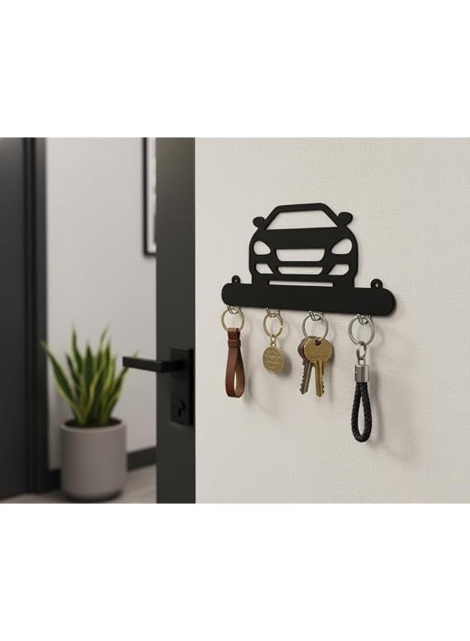 Decorative MDF Wood Wall Key Hanger Modern Car Front Design with 4 Metal Hooks 25x15 cm Easy and Quick Installation with Strong Double Face Adhesive No Screws No Cracking 1 Piece Black - Image 1