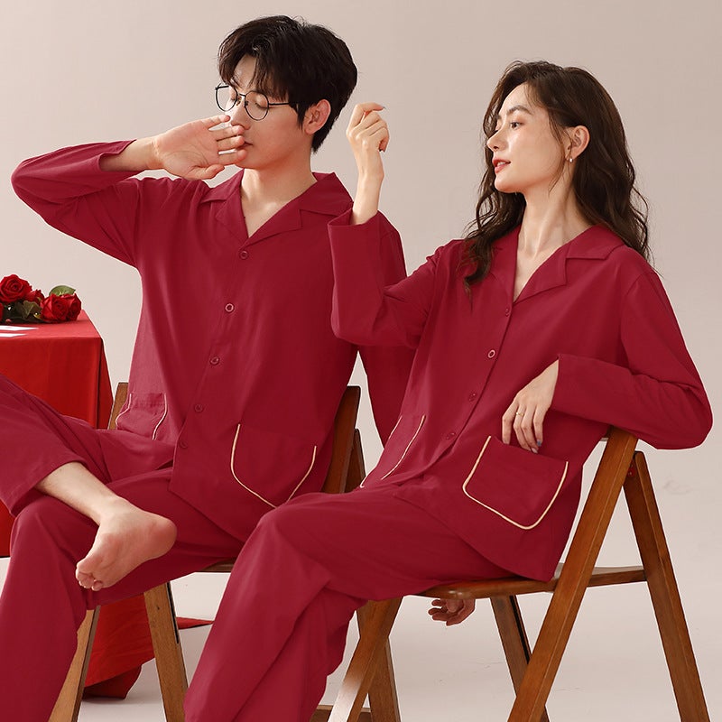Wedding Couple Pajamas Women'S Cotton Long Sleeve Suit Festive Red Wedding Home Wear Suit One Man And One Woman - Image 4