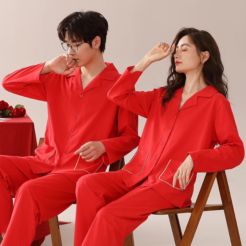 Wedding Couple Pajamas Women'S Cotton Long Sleeve Suit Festive Red Wedding Home Wear Suit One Man And One Woman - Image 5