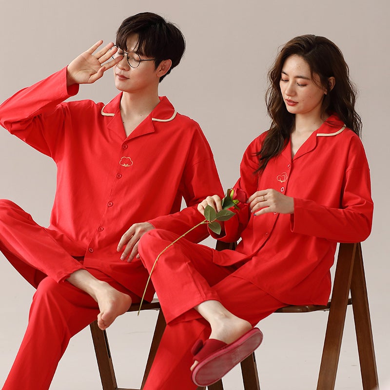 Wedding Couple Pajamas Women'S Cotton Long Sleeve Suit Festive Red Wedding Home Wear Suit One Man And One Woman - Image 3