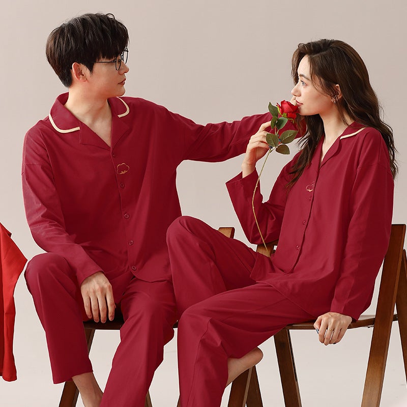 Wedding Couple Pajamas Women'S Cotton Long Sleeve Suit Festive Red Wedding Home Wear Suit One Man And One Woman - Image 1