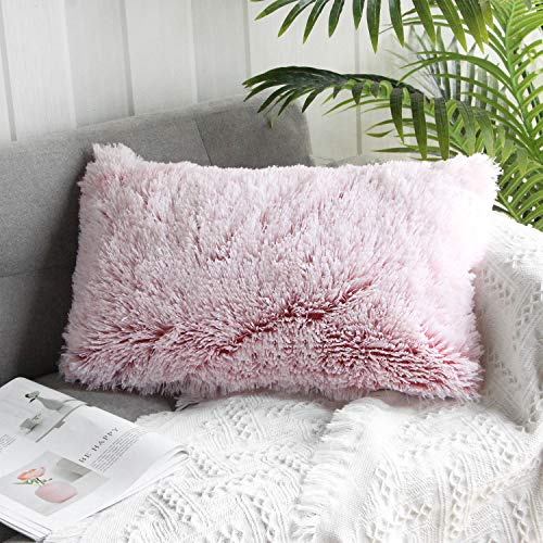 Uhomy Fluffy Accent Pillows Cover 20"x12", Soft Pink Ombre Faux Fur Throw Pillow Case, Modern Luxury Decorative Square Cushion Cover for Farmhouse Home Decor for Sofa/Bed/Chair, 50x30cm Single - Image 1