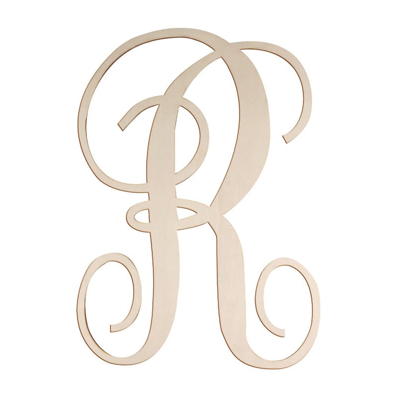 Focal20 Cursive Wooden Letters for Wall Decor 14 Inch Large Wooden Letters Unfinished Monogram Wood Letter Crafts Alphabet Sign Cutouts for DIY Painting Door Hanger (R) - Image 1