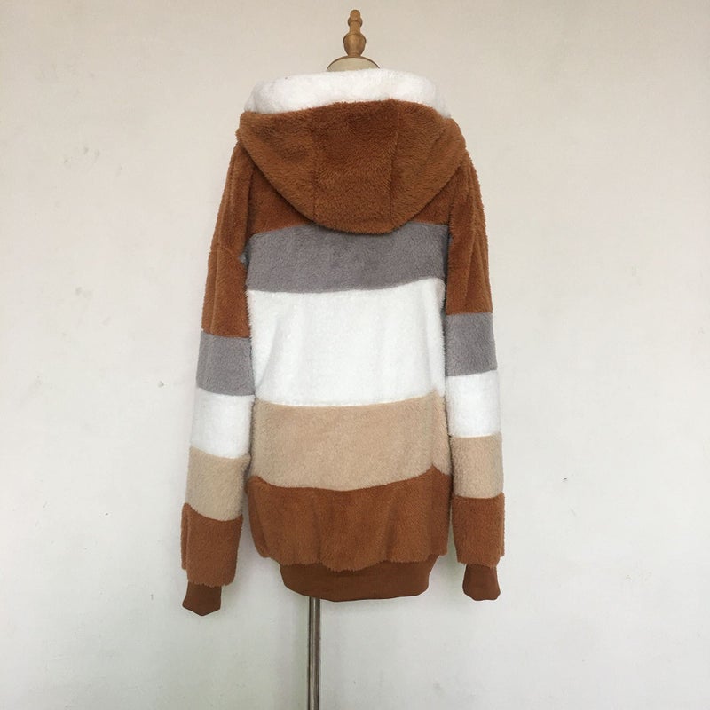 Casaco acolchoado de lã de cordeiro contrastante, jaqueta felpuda com capuz com bolsos para inverno - Image 2