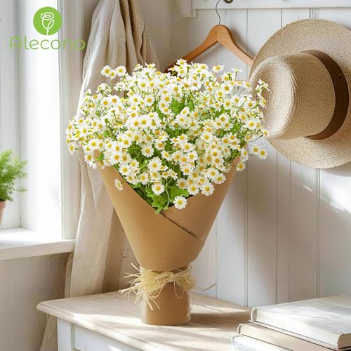 Alecono Artificial Daisy Flowers - Realistic 21 Inch 8 Pcs Long Stem Fake White Daisies with Leaves, Spring Wild Floral Arrangement for Home Decor, Wedding, Table Centerpieces, Party Decoration - Image 4
