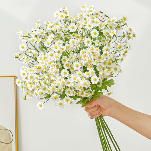 Alecono Artificial Daisy Flowers - Realistic 21 Inch 8 Pcs Long Stem Fake White Daisies with Leaves, Spring Wild Floral Arrangement for Home Decor, Wedding, Table Centerpieces, Party Decoration - Image 1