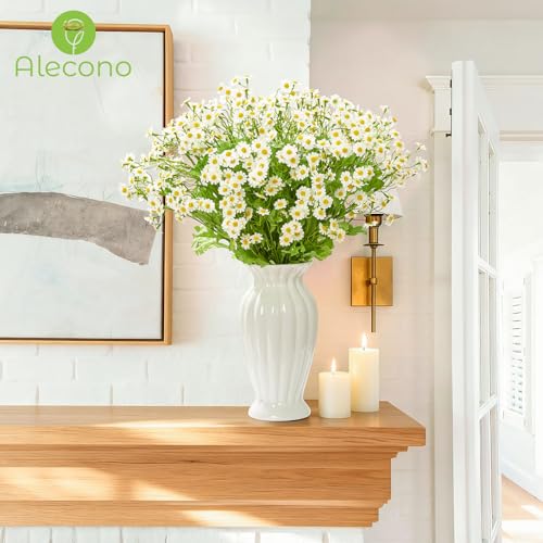Alecono Artificial Daisy Flowers - Realistic 21 Inch 8 Pcs Long Stem Fake White Daisies with Leaves, Spring Wild Floral Arrangement for Home Decor, Wedding, Table Centerpieces, Party Decoration - Image 2