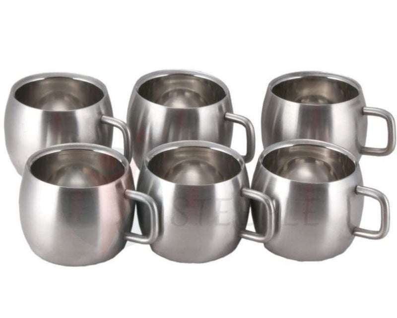 STEEPLE Stainless Steel Tea Cups Set of 6 Coffee Mug Apple Shape Chai Set Steel Double Wall Pack of 6 Silver - Image 1