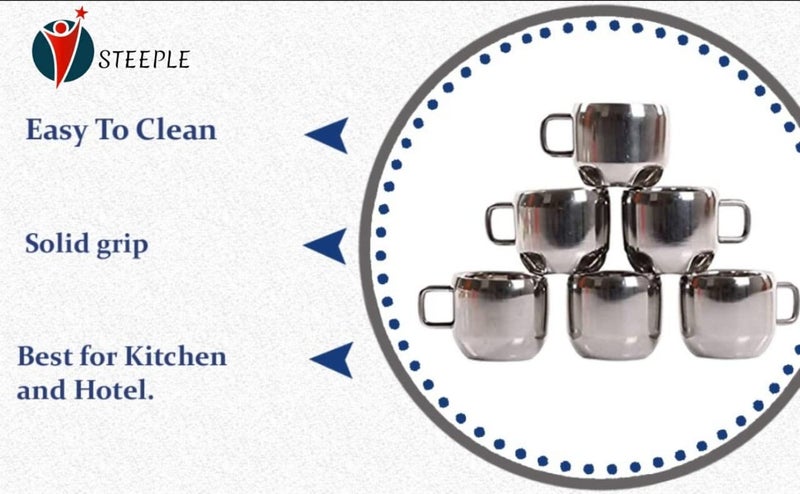 STEEPLE Stainless Steel Tea Cups Set of 6 Coffee Mug Apple Shape Chai Set Steel Double Wall Pack of 6 Silver - Image 2