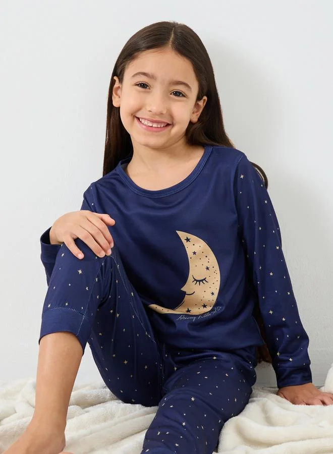Styli Styli Girls Navy Star Moon Print T-Shirt and Pyjama Set