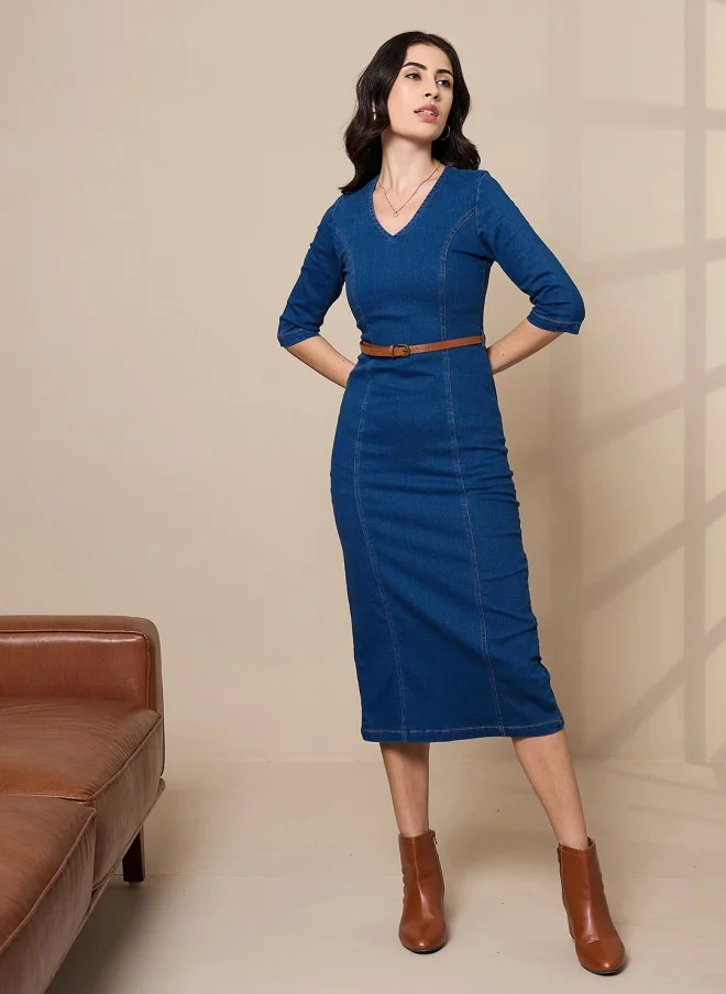 SASSAFRAS Solid Denim Midi Dress for Women