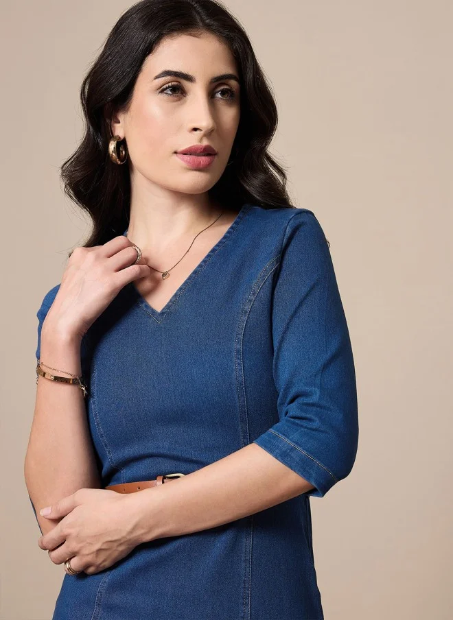 SASSAFRAS Solid Denim Midi Dress for Women