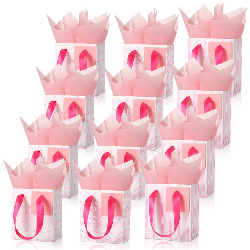 Tenare 12 Pcs Small Gift Bags Mini Metallic Paper Bag Bulk Tiny with Handle Tissue Paper for Gift Wrapping Happy Valentines Day Chinese New Year Birthday Party(4 x 2.75 x 4.5 Inch,White Pink Gold) - Image 1